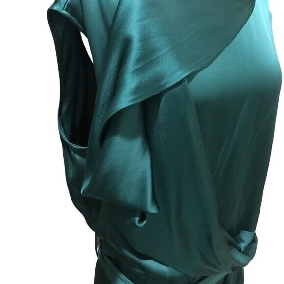Sally Lapointe Dress 18 Green Cowl Neck Drape Luxury Old Money Belted Satin - Picture 7 of 16